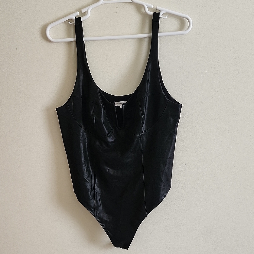 Good American Black Faux Leather Bodysuit Sexy Size 7